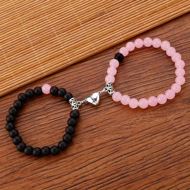 A Pair Of Pink And Black Beaded Bracelets, Perfect For Couples' Daily Wear Or As A Gift For Friends Black And Pink - Shop at LoveMi