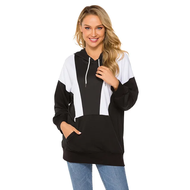 Fashion Ladies Hooded Loose Casual Contrasting Sweater White - Shop at LoveMi