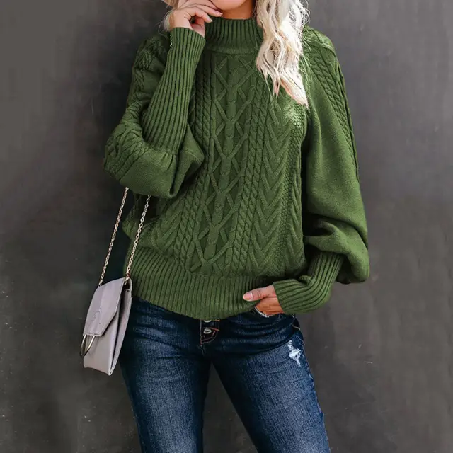 Women's Loose fitting Long sleeved Knit Sweater With Mid neck Solid Color Army Green - Shop at LoveMi