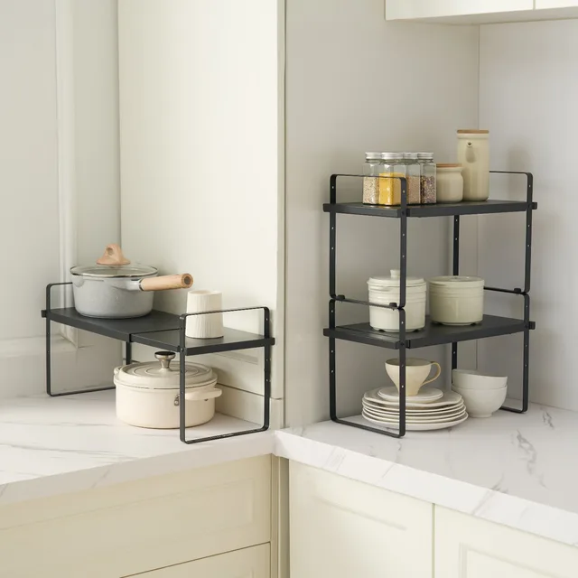 2 Tier Cabinet Organizer Shelf Counter Shelves Steel Kitchen Storage Spice Rack Black - Shop at LoveMi