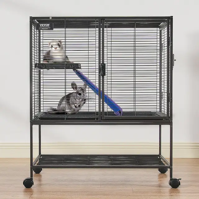 36' Metal Small Animal Cage 2 Tier Rolling Ferret Cage With Tray A Ramp Black - Shop at LoveMi