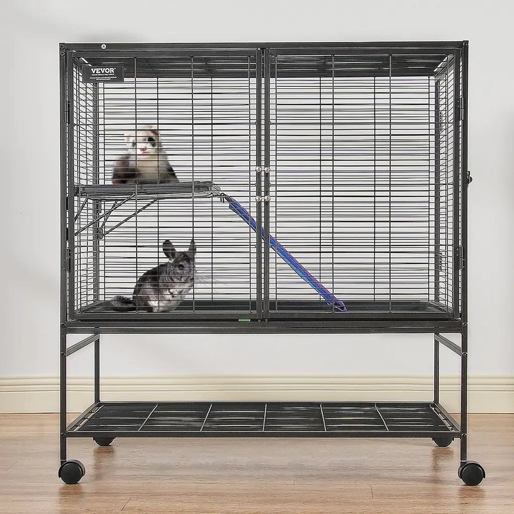 39' Metal Small Animal Cage 2-Tier Rolling Ferret Cage With Tray A Ramp - Black