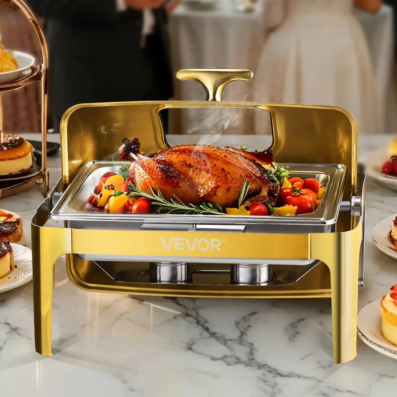 9Qt Rectangle Roll Top Chafing Dish Set With Full-Size Pan Stainless Steel Gold - Multicolor