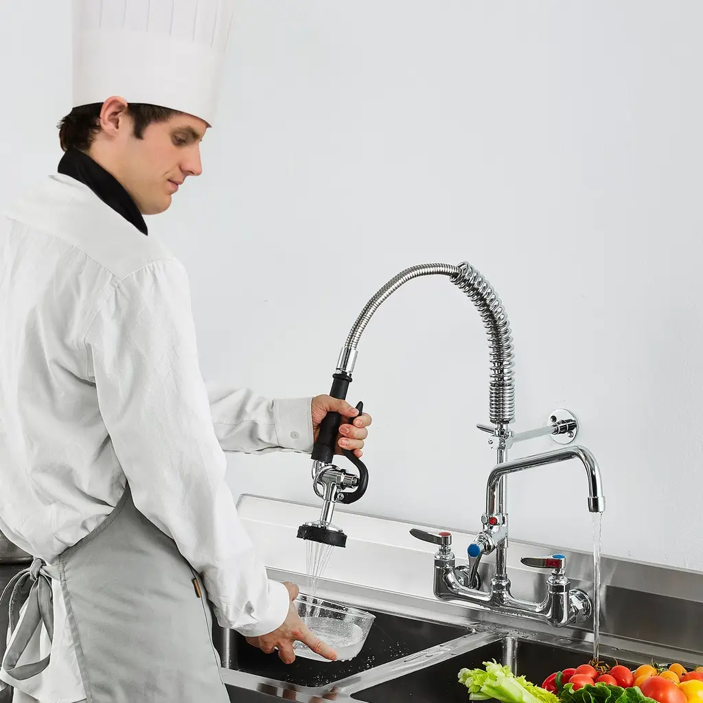 Commercial Faucet With Pre-Rinse Sprayer, 21' Height, 8' Center, 12' Swing Spout, Wall Mount Kitchen Sink Faucet, Brass Constructed Device With Pul...