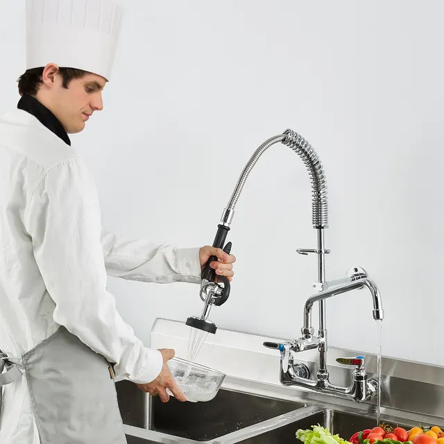 Commercial Faucet With Pre Rinse Sprayer, 25' Height, 8' Center, 12' Swing Spout, Wall Mount Kitchen Sink Faucet, Brass Constructed Device With Pull Down Spray, For 1/2/3 Compartment Sink Silver - Shop at LoveMi