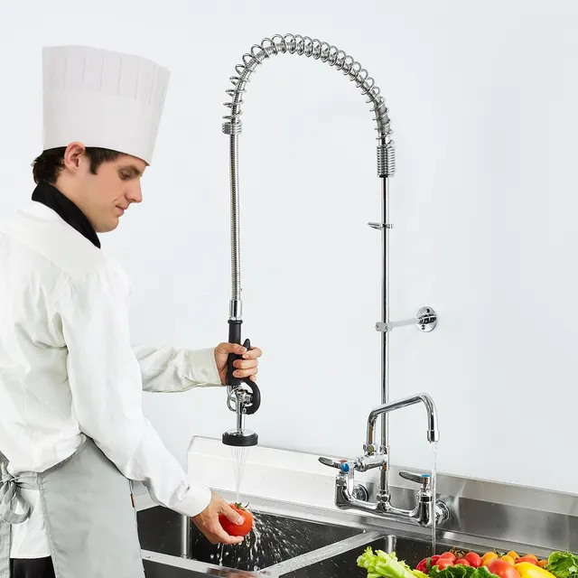 Commercial Faucet With Pre Rinse Sprayer, 47' Height, 8' Center, 12' Swing Spout, Wall Mount Kitchen Sink Faucet, Brass Constructed Device With Pull Down Spray, For 1/2/3 Compartment Sink Silver - Shop at LoveMi