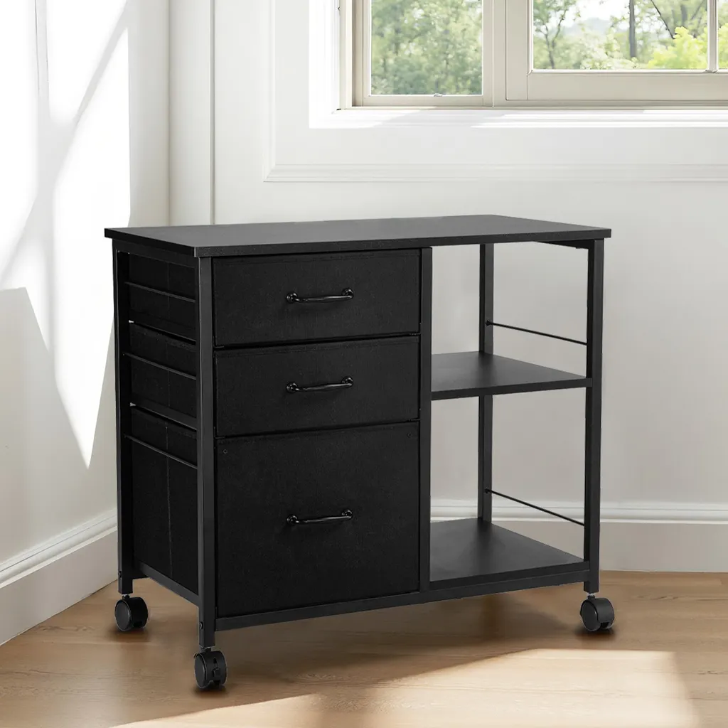 Mobile Metal File Cabinet With 3 Fabric Drawers And 2 Open Shelves Black - Black