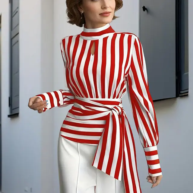 Elegant Women's Striped Tie Waist Blouse, High Neck Long Sleeve Shirt With Cut Out Detail Red - Shop at LoveMi