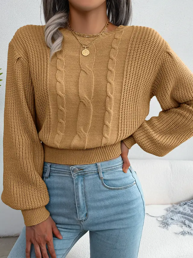 Women Casual Cable Knit Lantern Sleeve Cinched Sweater Khaki - Shop at LoveMi