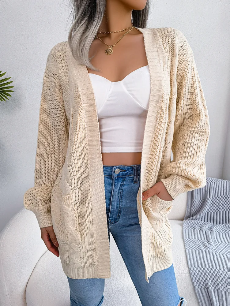 Women Cable Knit Lantern Sleeve Pocket Cardigan Sweater Coat - Apricot