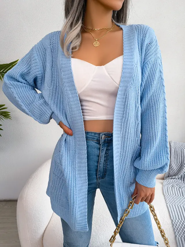 Women Cable Knit Lantern Sleeve Pocket Cardigan Sweater Coat Blue - Shop at LoveMi