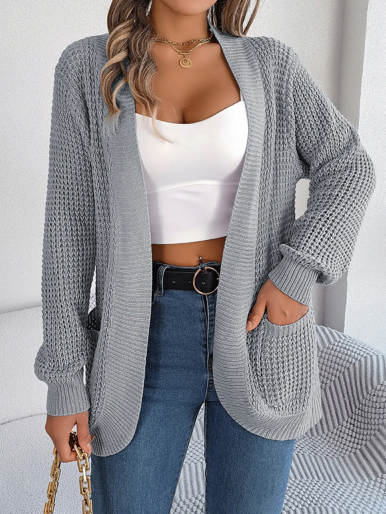 Women Casual Pocket Long Sleeve Knit Cardigan Sweater - Gray
