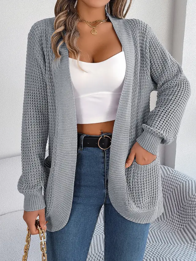 Women Casual Pocket Long Sleeve Knit Cardigan Sweater Gray - Shop at LoveMi