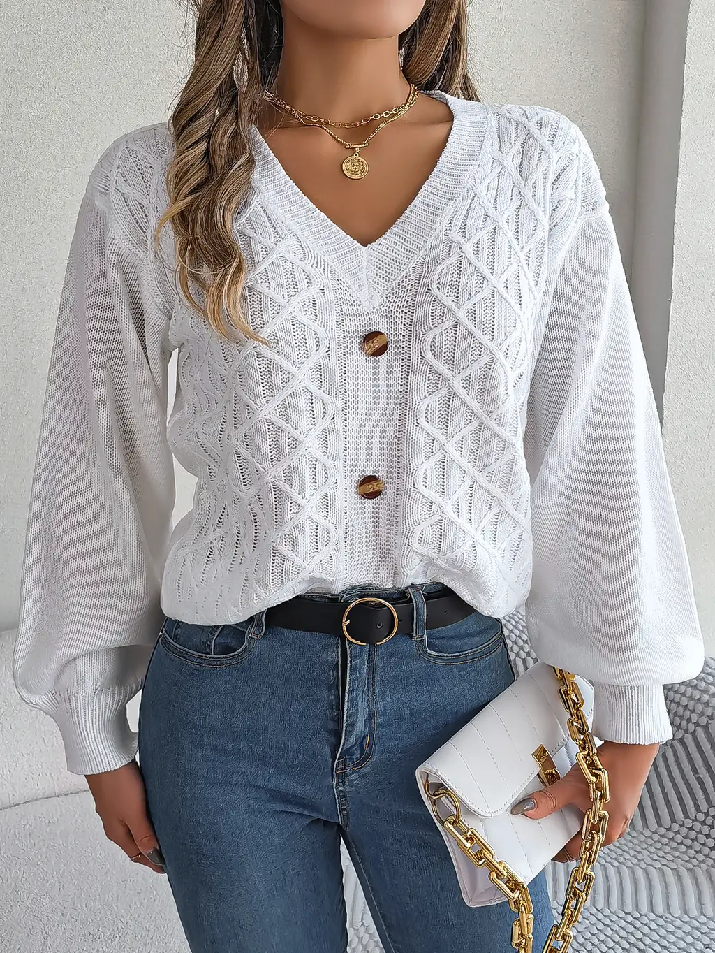 Women Casual Button Cable Knit Lantern Sleeve Pullover Sweater - White