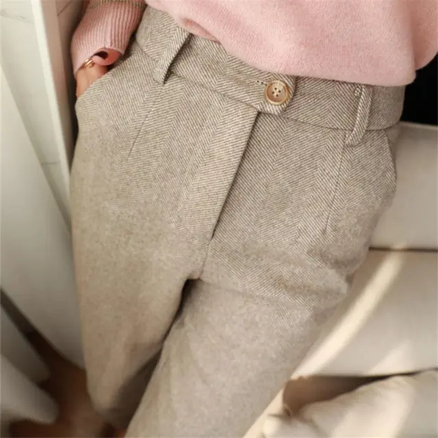 Women's Solid Color Wool Like Tapered Trousers, Classic Ankle Length Pants For Office And Formal Wear Beige - Shop at LoveMi