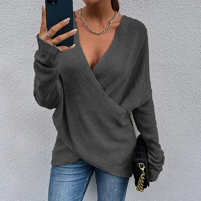 Women's Criss Cross V Neck Sweater Fall Long Sleeve Casual Pullover Top Dark Gray - Shop at LoveMi