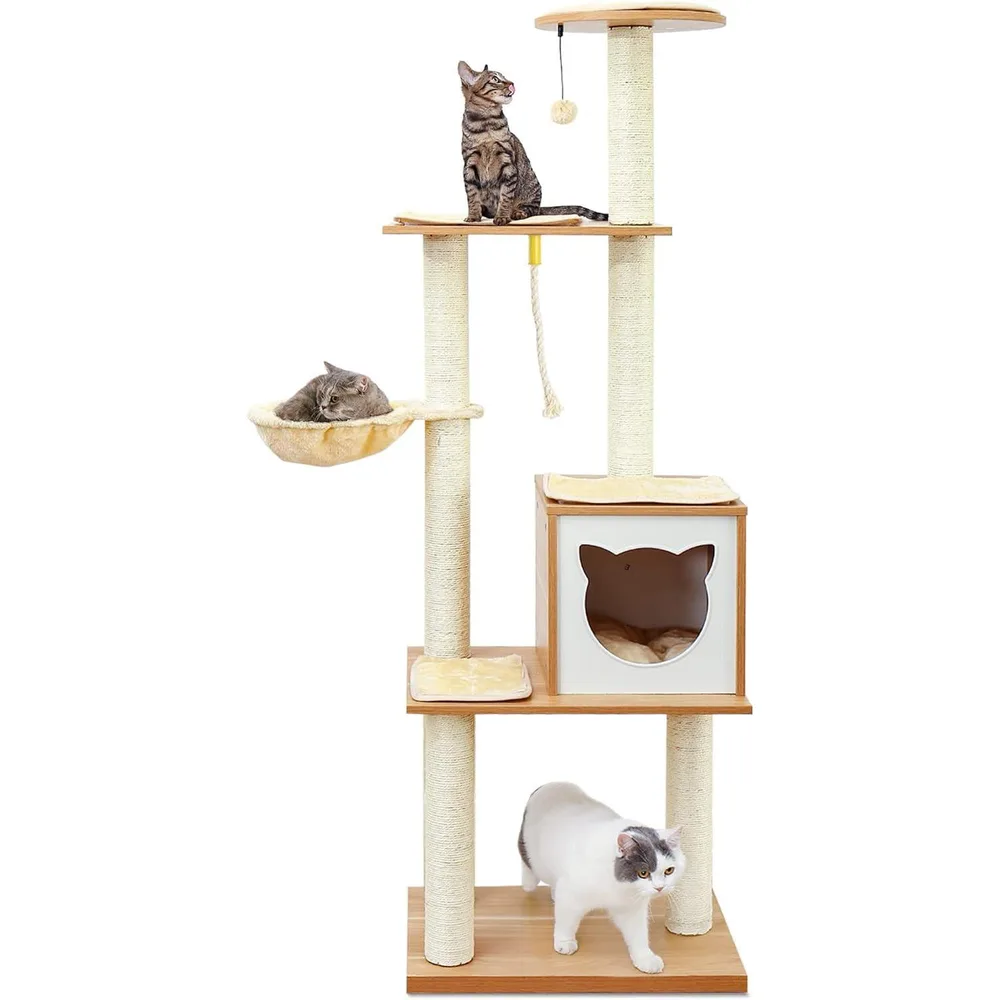 Modern Indoor Cat Tree Wooden Cat Tower Suitable For Cats, Includes Hammock, Scratching Post, And Removable Mat. Suitable For Both Large And Small ...
