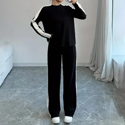 Women's Color Block Lounge Set Pullover & Wide Leg Pants, Fall Travel Sweatsuit Black - Shop at LoveMi