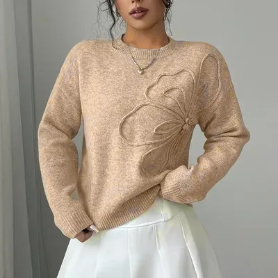 Women's Elegant Floral Sweater Fall Winter Crew Neck Long Sleeve Casual Pullover Champagne - Shop at LoveMi