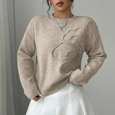 Women's Elegant Floral Sweater Fall Winter Crew Neck Long Sleeve Casual Pullover Khaki - Shop at LoveMi