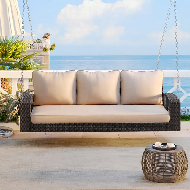 GO 69 PE Wicker 3 Person Porch Swing With Chains, Large Patio Swing Bench With Cushions For Backyard, Garden, And Poolside, Brown Brown - Shop at LoveMi