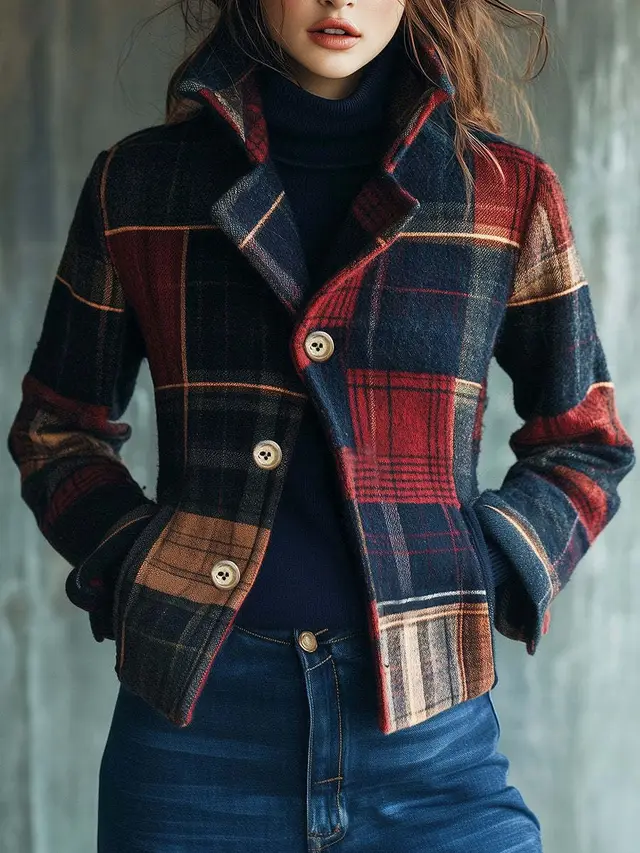 Autumn And Winter New Cross Border Foreign Trade Fashion Casual Jacket Short Style Printed Retro Plaid Collar Jacket Default - Shop at LoveMi