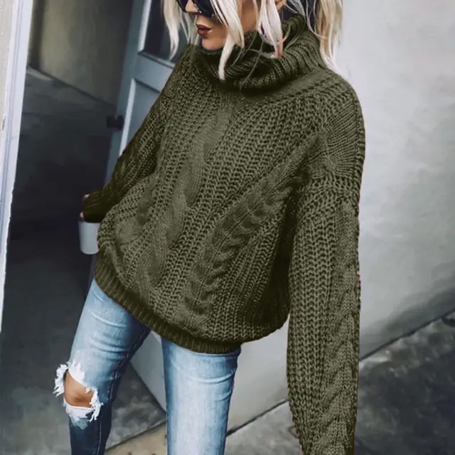 Women's Cable Knit Turtleneck Sweater, Classic Long Sleeve Winter Knitwear For Casual And Formal Wear Army Green - Shop at LoveMi