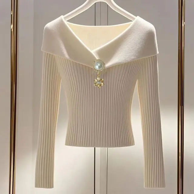Women's French Style V Neck Top, Embellished Detail Long Sleeve Knit Blouse For Spring And Fall Apricot - Shop at LoveMi