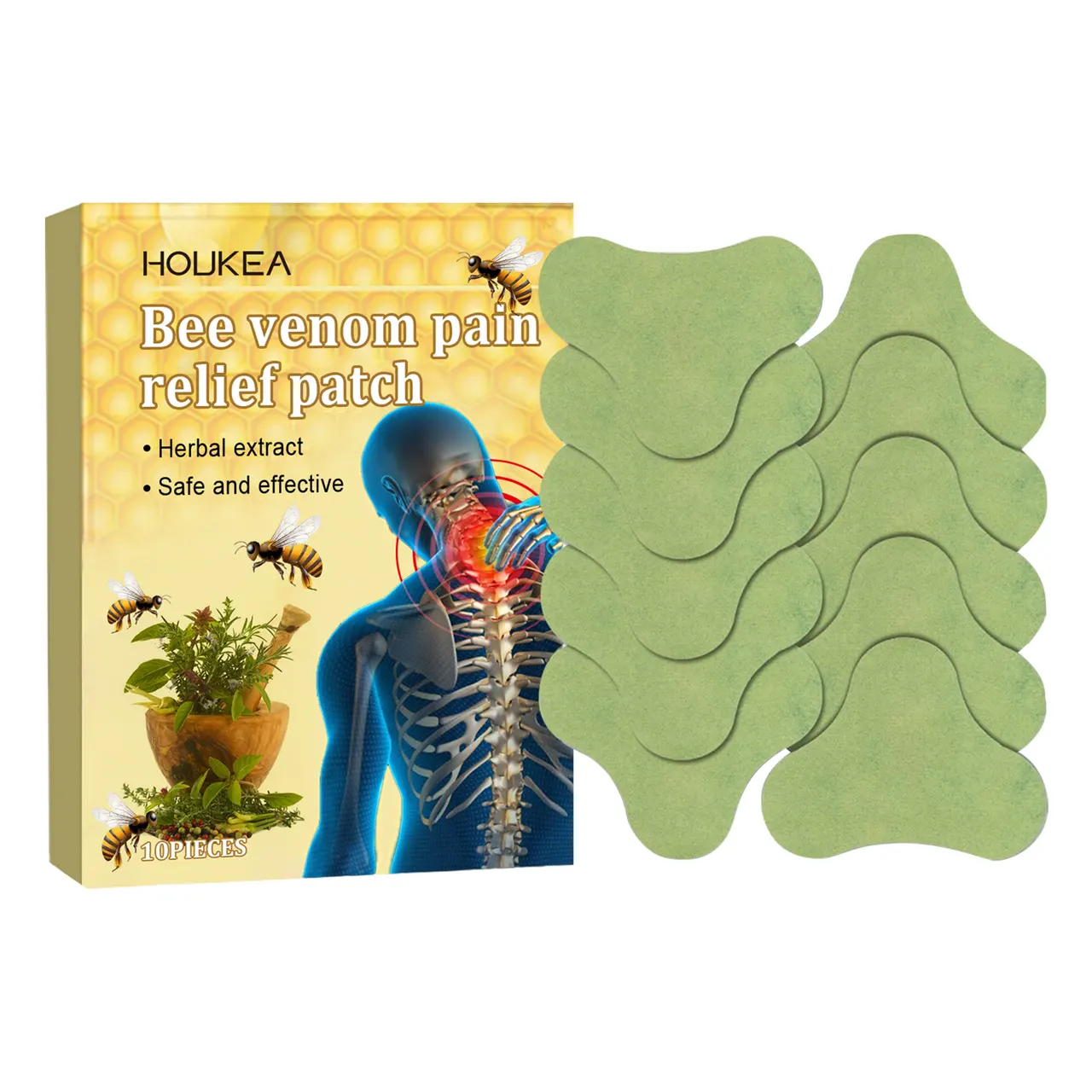 Houkea Bee Venom Neck Care Patch, Herbal Ingredients For Joints, Knees, Lumbar Spine, Shoulders, Neck, Muscles And Bone Aches - 10Pieces