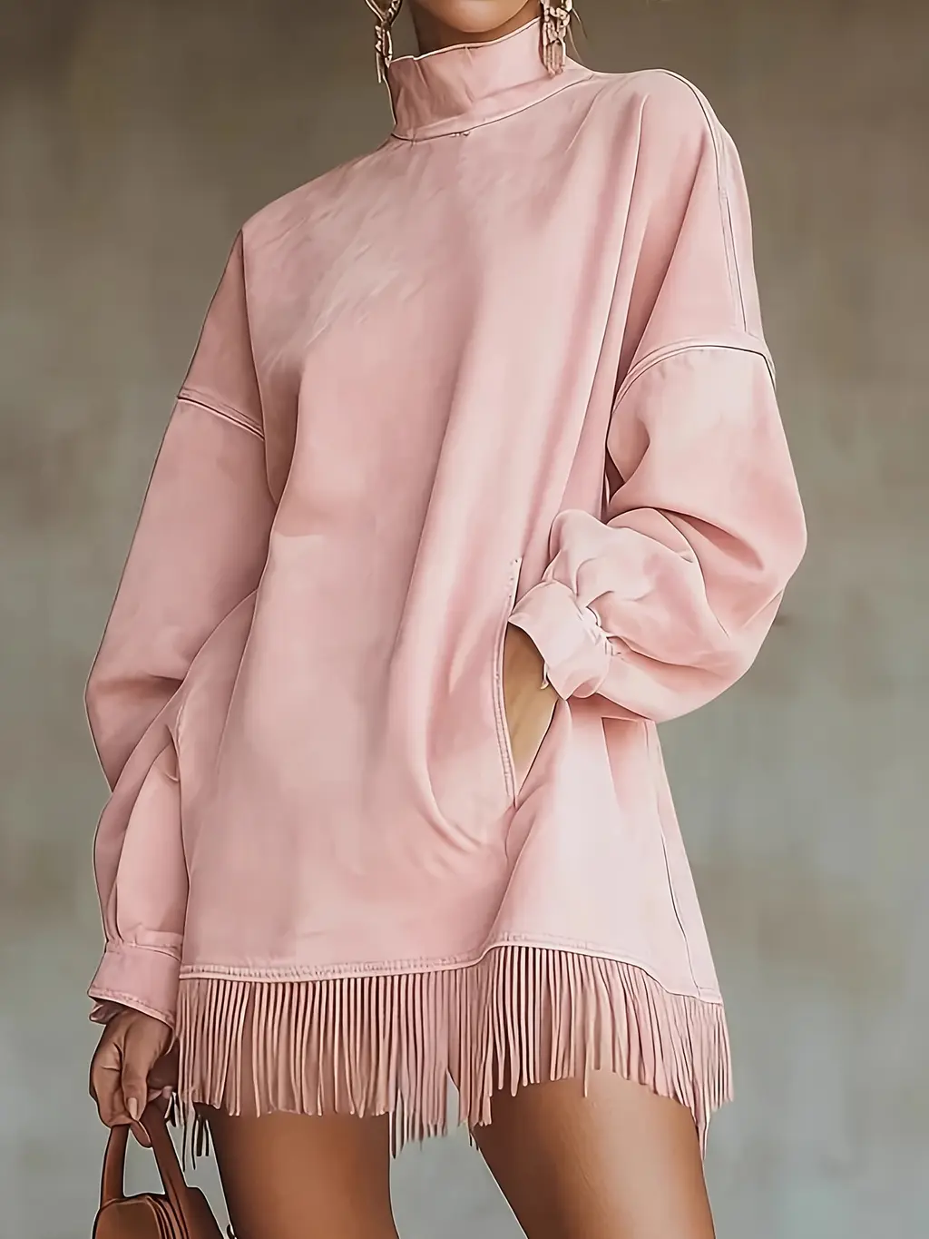 Loose Pocket Tassel Long-Sleeve Suede Dress - Style4