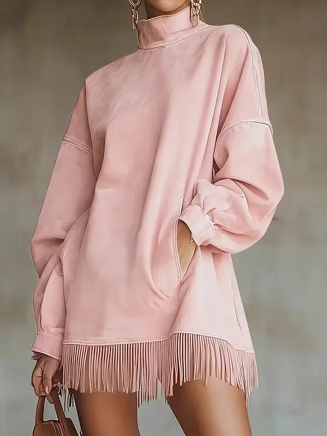 Loose Pocket Tassel Long Sleeve Suede Dress Style4 - Shop at LoveMi