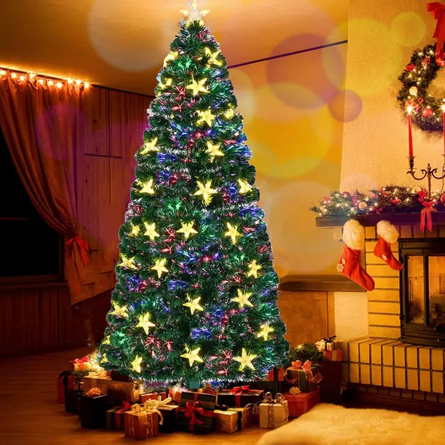 7FT Pre lit Fiber Optic Christmas Tree With Large Stars, Artificial Xmas Tree Spruce Tree Green Tree With Metal Stand,Full Tree For Holiday Decorat... - Shop at LoveMi