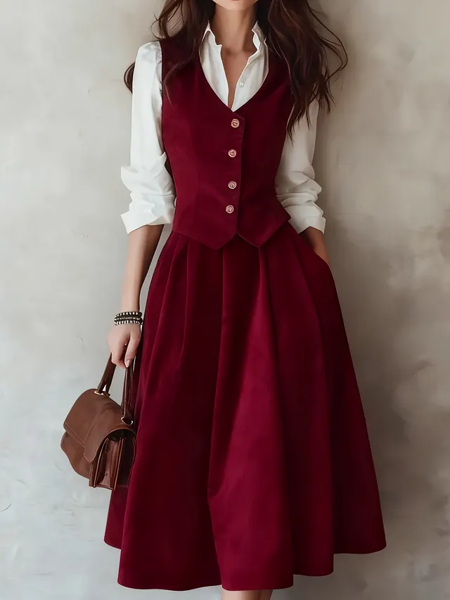 Velvet Button down V neck Casual Vest Dress Set Claret - Shop at LoveMi
