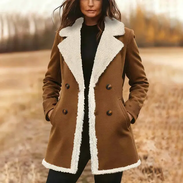 Women's Suede Look Trench Coat, Classic Notch Lapel Double Breasted Jacket With Pockets And Plush Lining Brown - Shop at LoveMi