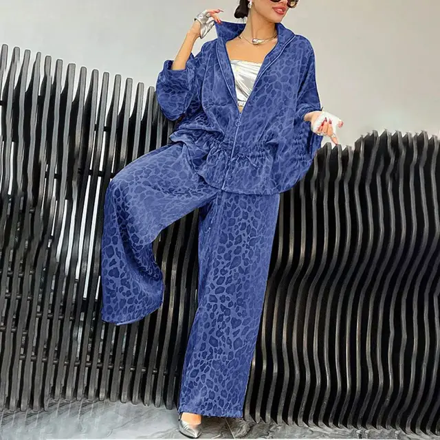 Women's Casual 2 Piece Set, Drawstring Leopard Print Zip Up Top & Wide Leg Pants For Spring Fall Blue - Shop at LoveMi
