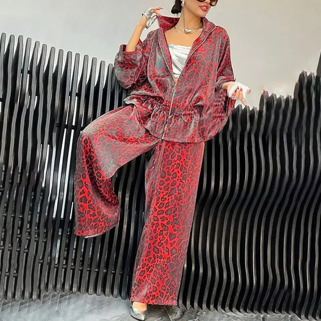 Women's Casual 2 Piece Set, Drawstring Leopard Print Zip Up Top & Wide Leg Pants For Spring Fall Wine Red - Shop at LoveMi