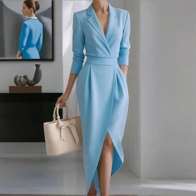 Women's Solid Color Lapel Midi Dress, Bodycon Asymmetrical Hem Dress With Pockets For Formal Occasions Light Blue - Shop at LoveMi