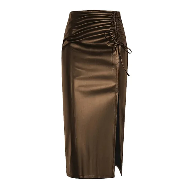 Women's Solid Color PU Leather Pencil Skirt, Drawstring Waist Bodycon Midi Skirt With Slit Hem Coffee - Shop at LoveMi