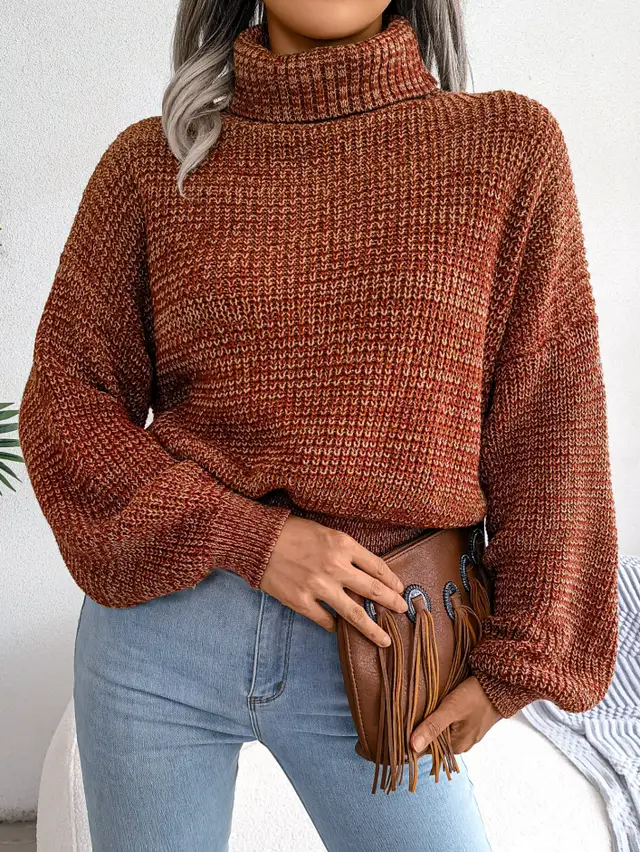 Women Mixed Color Lantern Sleeve Turtleneck Knit Sweater Orange - Shop at LoveMi