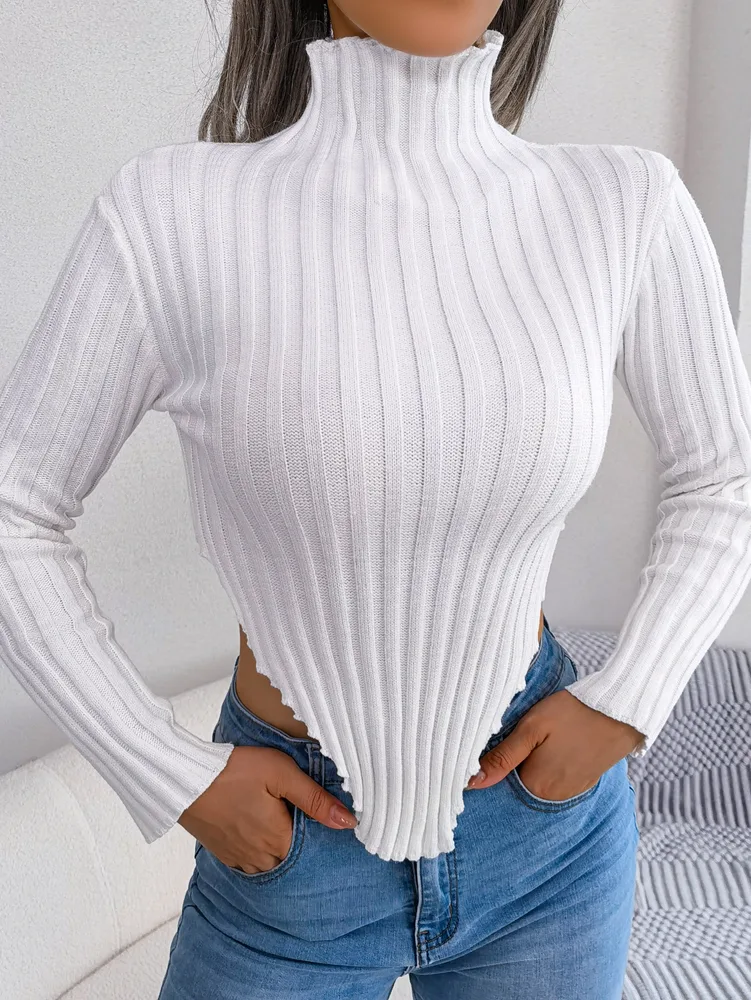 Women Sexy Half Turtleneck Asymmetric Long Sleeve Knit Top White - Shop at LoveMi