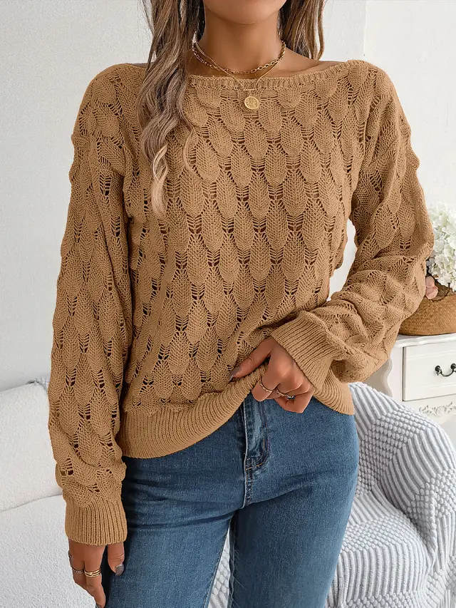 Women Casual Feather Hollow Out Off Shoulder Lantern Sleeve Sweater Khaki - Shop at LoveMi