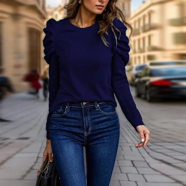 Women's Elegant Puff Sleeve Top, Ruffle Detail Long Sleeve Knit Blouse For Autumn And Winter Navy Blue - Shop at LoveMi