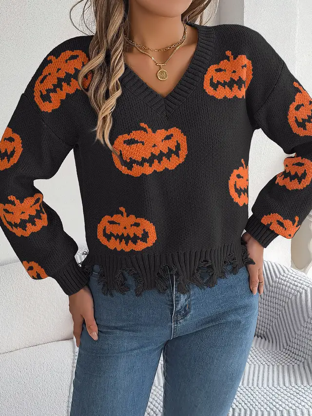 Women Color Block Pumpkin Distressed Long Sleeve Pullover Sweater Black - Shop at LoveMi