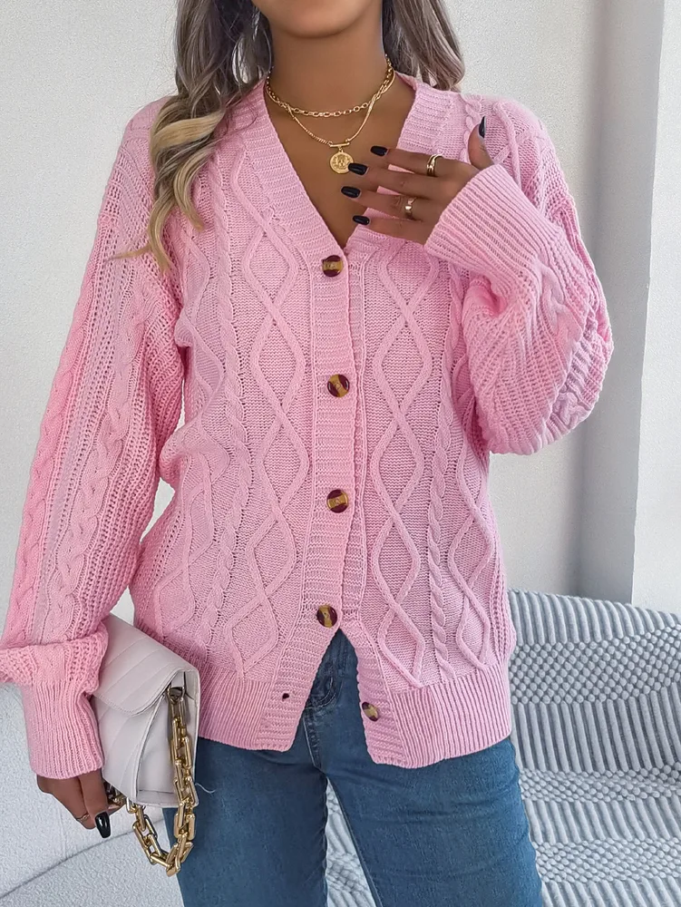 Women Casual V Neck Lantern Sleeve Cable Knit Button Cardigan Sweater Pink - Shop at LoveMi