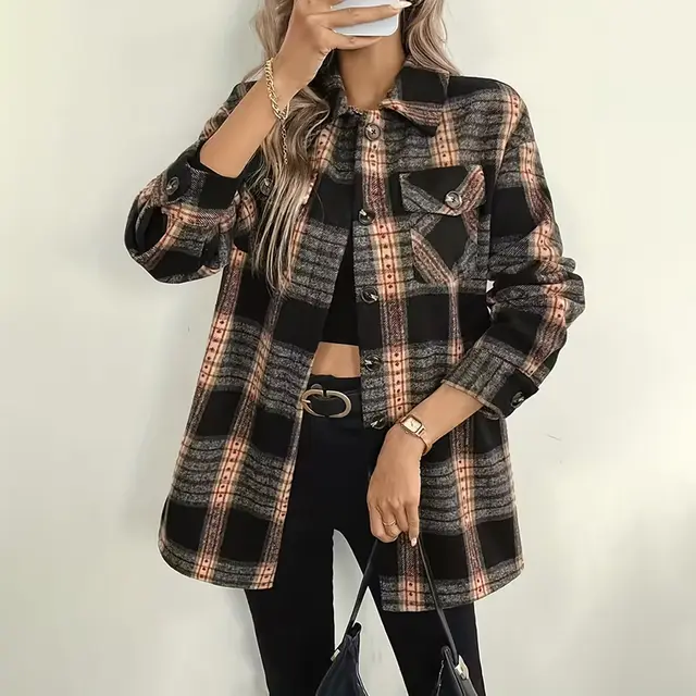 Women's Plaid Fleece Lined Jacket, Thickened Lapel Collar Long Sleeve Coat With Chest Pocket Multicolor - Shop at LoveMi
