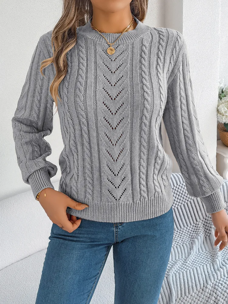 Women Casual Solid Color Hollow Out Lantern Sleeve Pullover Sweater - Gray