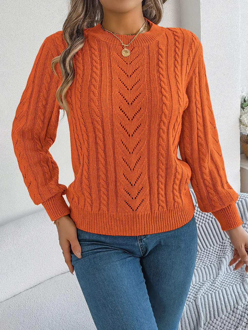 Women Casual Solid Color Hollow Out Lantern Sleeve Pullover Sweater - Orange