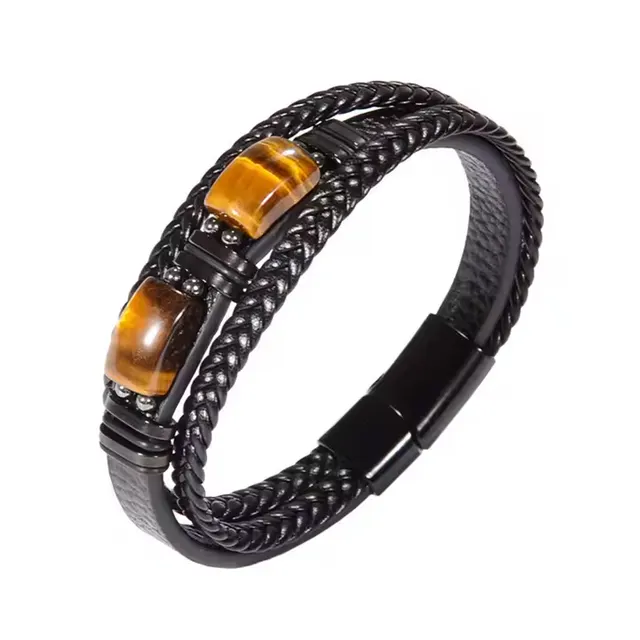 Natural Tiger Eye Stone Bracelet Healing Tiger Eye Quartz Leather Braided Gift Black - Shop at LoveMi
