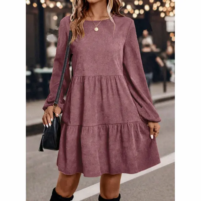 Women's Corduroy Mini Dress Fall Winter A Line Long Sleeve Dress, Round Neck Rose - Shop at LoveMi