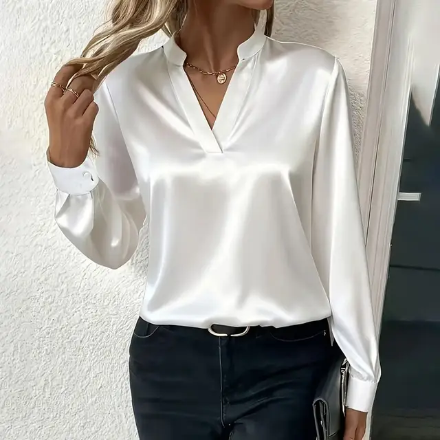 Women's Elegant Solid Color V Neck Blouse, Button Cuff Long Sleeve Wrinkle Resistant Office Shirt White - Shop at LoveMi